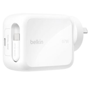Belkin WCH022auWH UltraCharge Retractable Dual 67W USB-C GaN Wall