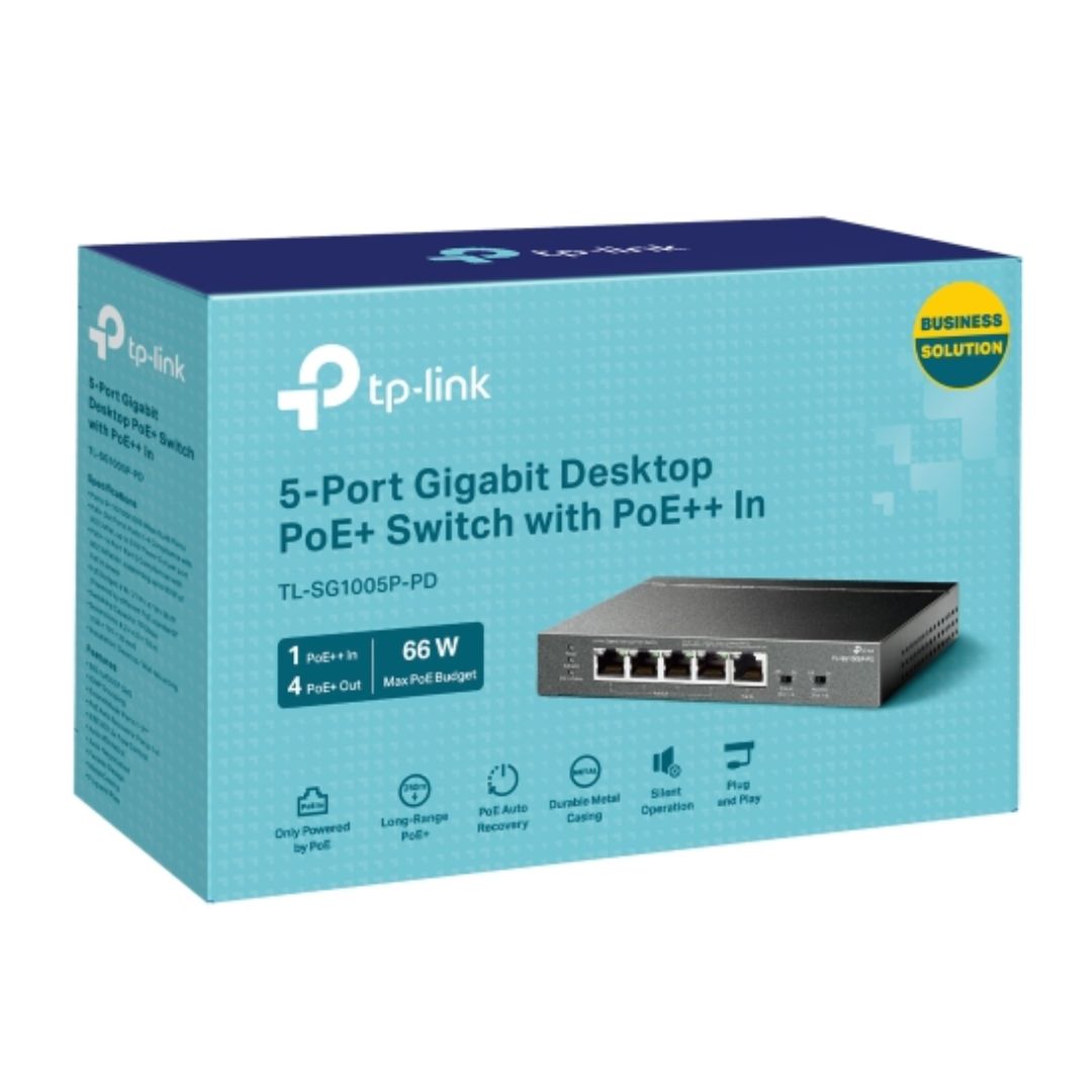 NWTL-SG1005P-PD.jpg TP-LINK TL-SG1005P-PD 5-Port Gigabit Desktop PoE+ Switch with 1-Port