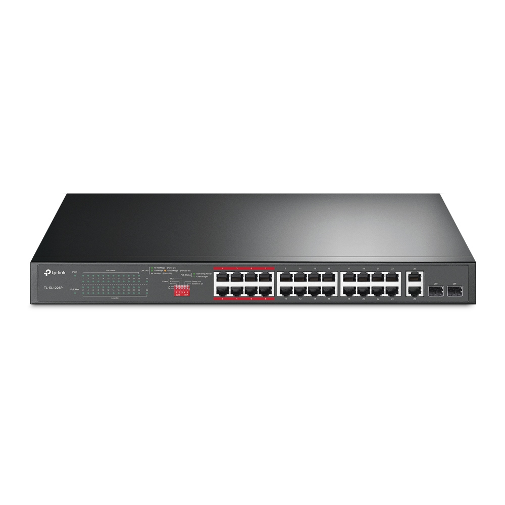 NWTL-SL1226P.jpg TP-LINK TL-SL1226P 24-Port 10/100Mbps + 2-Port Gigabit Unmanaged PoE+