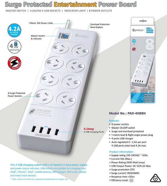 UPSA-PB4088H.jpg Generic PAD-4088H Sansai 8 Outlets & 4 USB Outlets