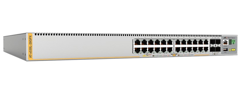 ADX530L28GP Allied Telesis 24-port 100/1000T PoE+ stackable L3 switch with 4 SFP+ ports and 2 fixed power supplies, AU