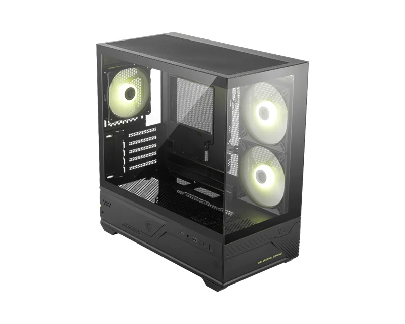 CAM-MAGPANOM110R MSI MAG PANO M110R – Black, Mini Tower, 270° Panoramic Glass, Micro-ATX/Mini-ITX, 3x ARGB Fans, 360mm Radiator, 410mm GPU, USB-C, 5 Expansion Slots
