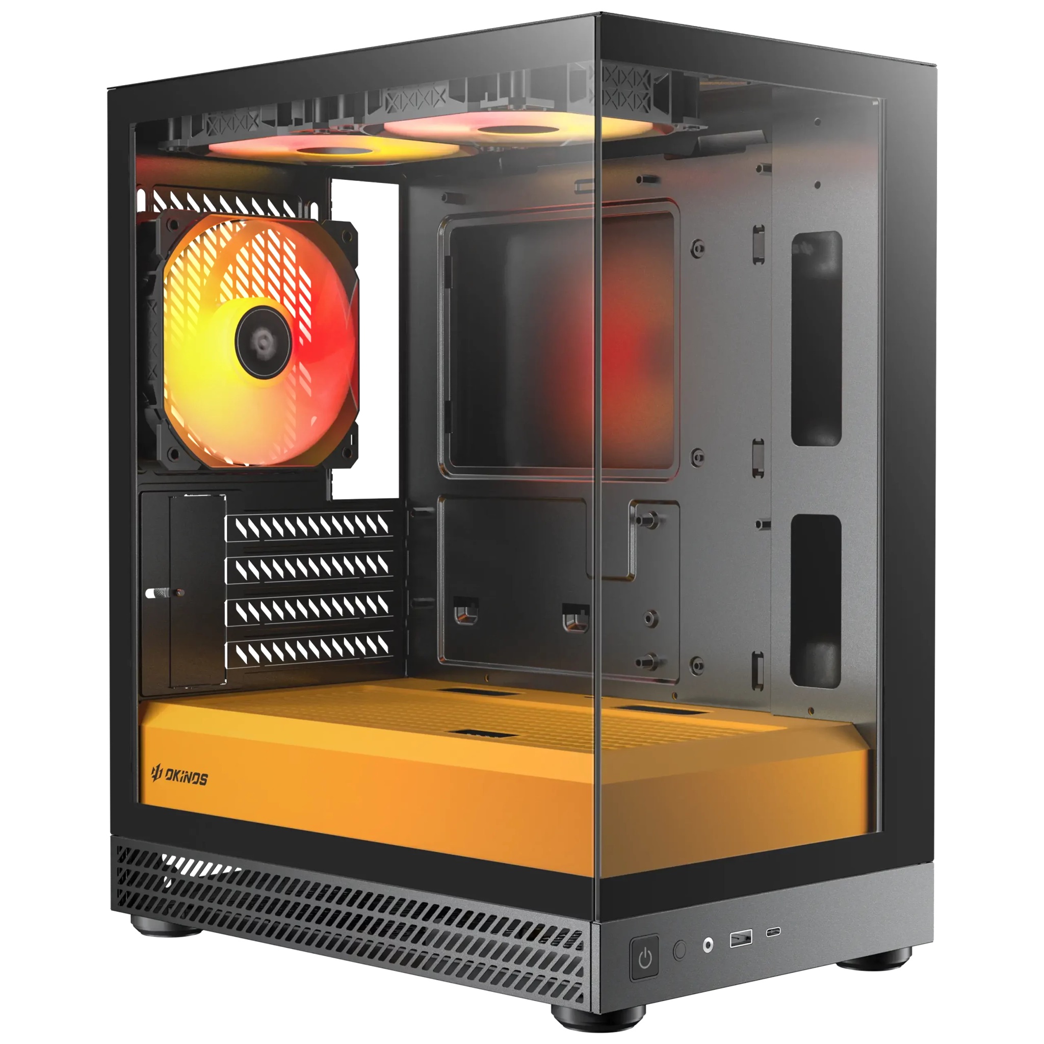CAO-AQUA-UNO-CANARY OKINOS AQUA UNO CANARY, Mini Tower, Micro-ATX/ITX, tempered glass, 3×120mm ARGB fans, USB 3.0 + Type-C, ≤309mm GPU, ≤165mm CPU cooler, steel