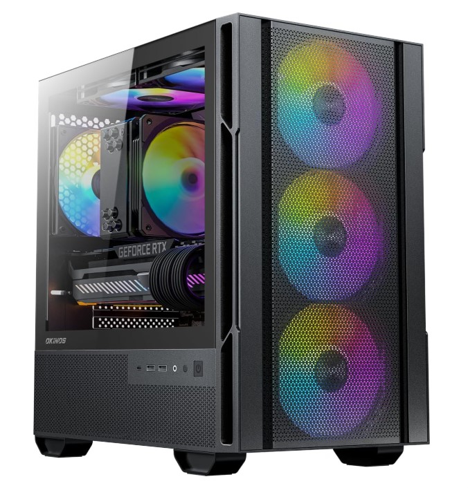 CAO-CP3ARGB OKINOS Cypress 3 ARGB Micro ATX Case, 4 × 120mm ARGB Non-PWM Case Fans Pre-Installed, MATX PC Case, Temper Glass Side Panel, with Type-C, Black