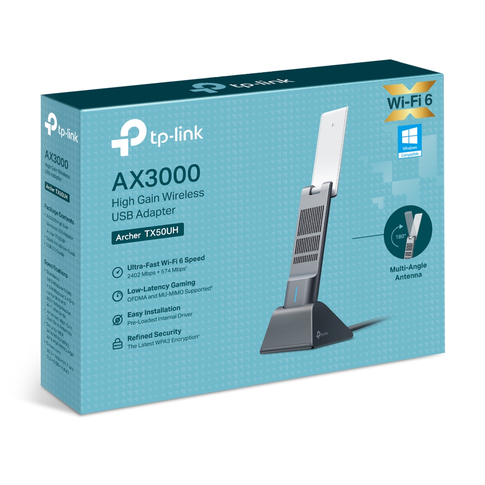 CBTL-TX50UH TP-LINK (E)TP-Link Archer TX50UH AX3000 High Gain Wireless USB Adapter, WiFi 6, Speeds up to 2402 Mbps@5GHz, 574 Mbps@2.4GHz