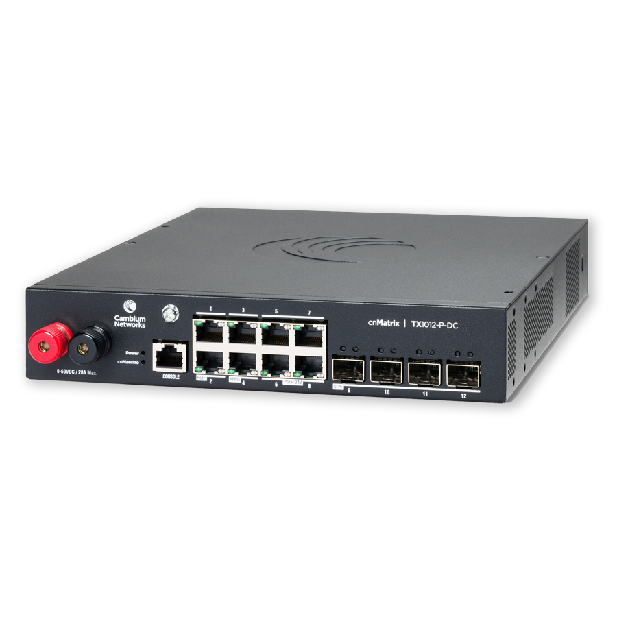 CBTX1012D Cambium Networks Cambium cnMatrix TX1012-P-DC, DC Powered Intelligent Ethernet PoE Switch, 8 x 1Gbps, and 4