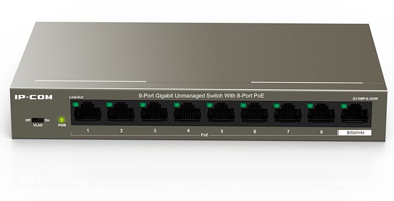 IC30005 IP-COM (G1109P-8-102W) 9-Port Gigabit Unmanaged Switch With 8-Port PoE+, 6kV lightning protection