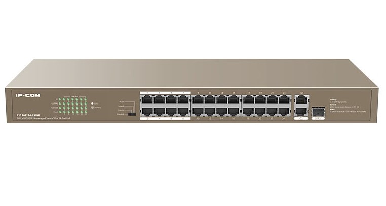 IC30015 IP-COM (F1126P-24-250Wv2.0) 24FE + 2GE/1SFP Unmanaged Switch With 24-Port PoE+, 6kv lightning protection