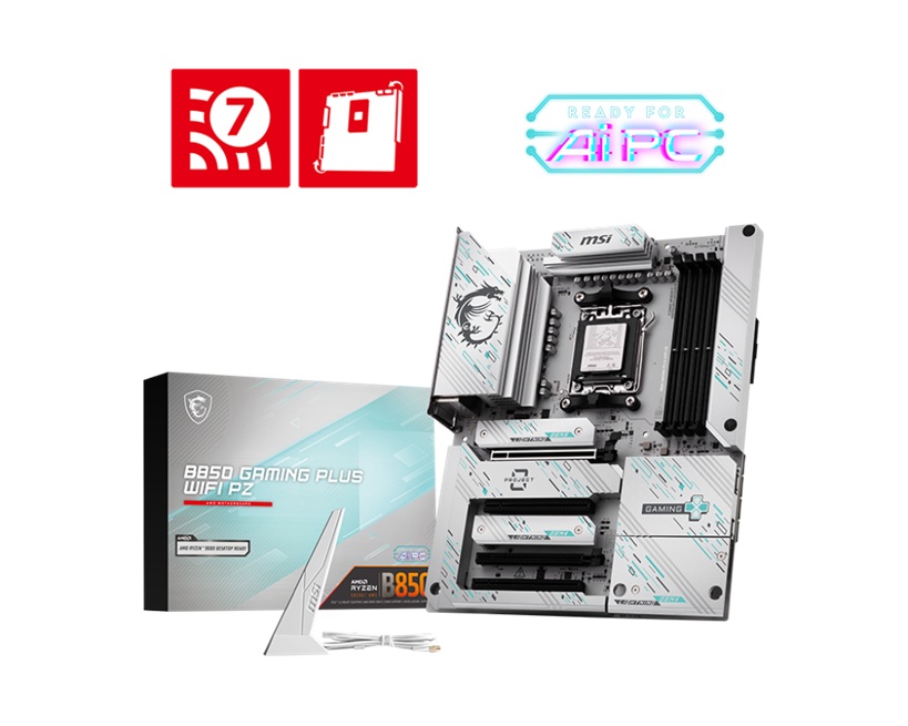 MBM-B850GAMINGPLUSWIFIPZ MSI B850 GAMING PLUS WIFI PZ, AMD Ryzen, 4x DDR5 256GB, 4x PCIe x16 slot, 3x M.2, 4x SATA 6G, 8x USB 2.0, Wi-Fi 7, Bluetooth 5.4