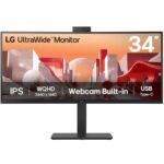 LG 34′ UltraWide QHD Curved IPS 60Hz Monitor, 3440×1440, sRGB 99%, HDR10, Full HD Webcam/Mic/Speakers, USB-C 90W PD, RJ45, Adj Tilt/Height/Swivel