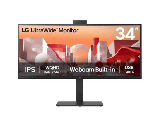 MNL-34BA85QE-B LG 34′ UltraWide QHD Curved IPS 60Hz Monitor, 3440×1440, sRGB 99%, HDR10, Full HD Webcam/Mic/Speakers, USB-C 90W PD, RJ45, Adj Tilt/Height/Swivel