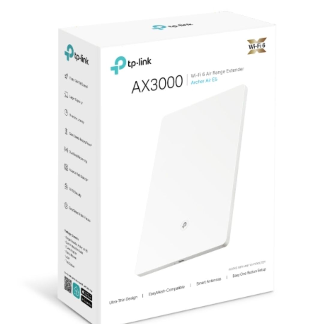 NWTL-ARCHERAIRE5 TP-LINK (E)TP-Link Archer Air E5 AX3000 Dual-Band Wi-Fi 6 Air Range Extender, 574Mbps @2.4GHz + 2402Mbps @5GHz , 8mm Ultra-thin Shell, Multiple Install Desi
