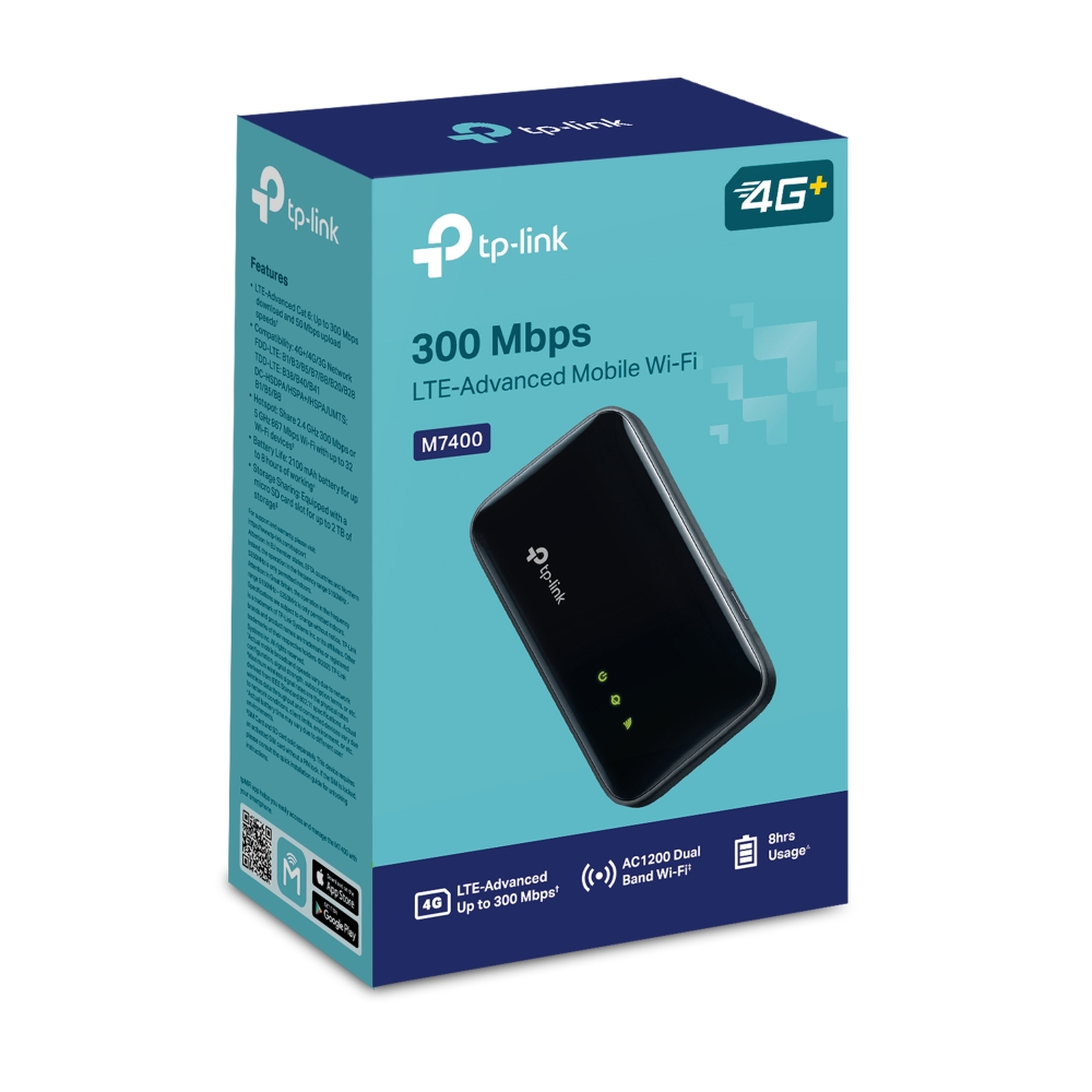 NWTL-M7400 TP-LINK (E)TP-Link M7400 300 Mbps LTE-Advanced Mobile Wi-Fi Supports up to 32 devices simultaneously, up to 300 Mbps download and 50 Mbps upload speeds