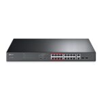 TP-LINK (E)TP-Link TL-SL1218MP 16-Port 10/100Mbps PoE+ Switch, 16 10/100Mbps RJ45 Ports, 2 Gigabit RJ45 Ports, 2 Combo SFP Slots, 802.3at/af, 192W PoE Power,