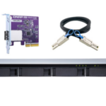 QNAP TL-R400S 4-bay 1U rackmount SATA JBOD expansion unit with a QXP-400eS-A1164 PCIe SATA host card and 1