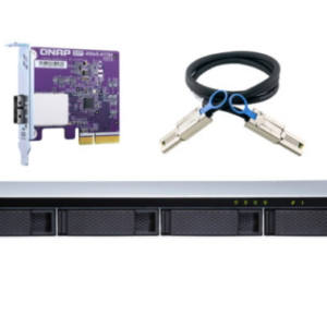QNAP TL-R400S 4-bay 1U rackmount SATA JBOD expansion unit with a QXP-400eS-A1164 PCIe SATA host card and 1