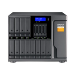 QNAP TL-D1600S 16-bay desktop SATA JBOD expansion unit with a QXP-1600eS PCIe SATA host card and 4 SFF-8088