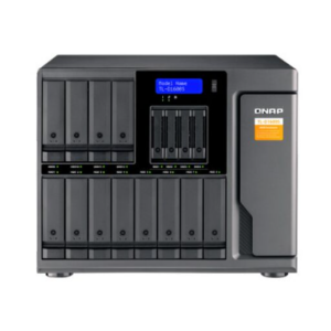 QNAP TL-D1600S 16-bay desktop SATA JBOD expansion unit with a QXP-1600eS PCIe SATA host card and 4 SFF-8088
