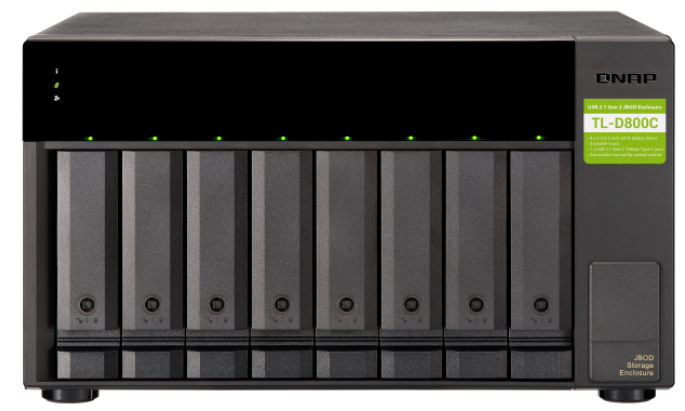 QN17384 QNAP TL-D800C 8-bay desktop USB-C 3.1 Gen2 10Gbps JBOD expansion unit with a 1-meter USB-C to USB-A 3.1 Gen2