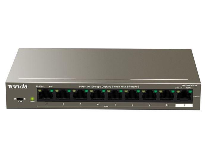 TD82011 TENDA (TEF1110P-8-102W) 8-Port 10/100Mbps + 2 Gigabit Desktop Switch With 8-Port PoE+