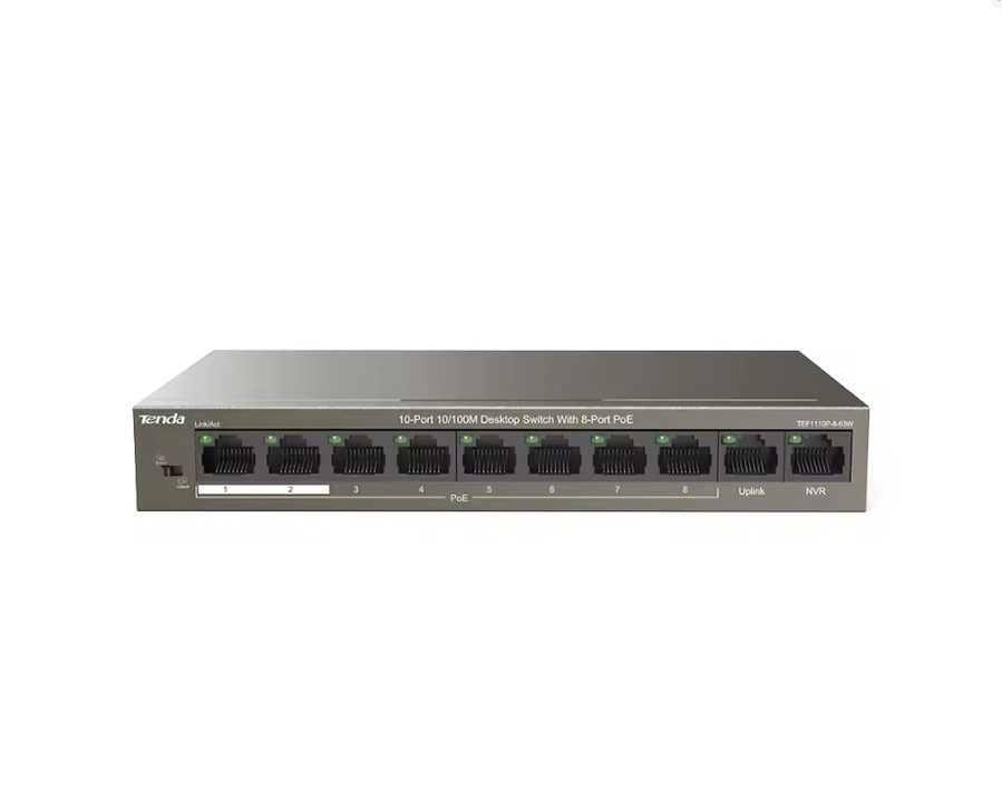 TD89037 Tenda (TEF1110P-8-63W) 10-Port 10/100Mbps Desktop Switch With 8-Port PoE+