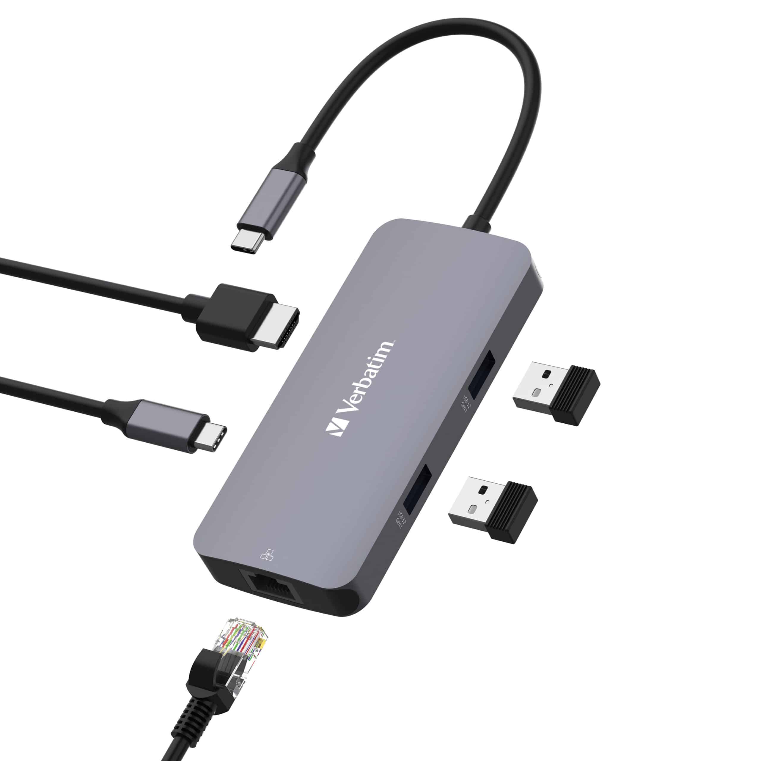 USV-32150 Verbatim USB-C Pro Multiport Hub 5 Port, HDMI 4K60, RJ45 1GbE, 2x USB-A 3.2 Gen1 5Gbps, USB-C PD 100W in/85W to host, pass-through charging