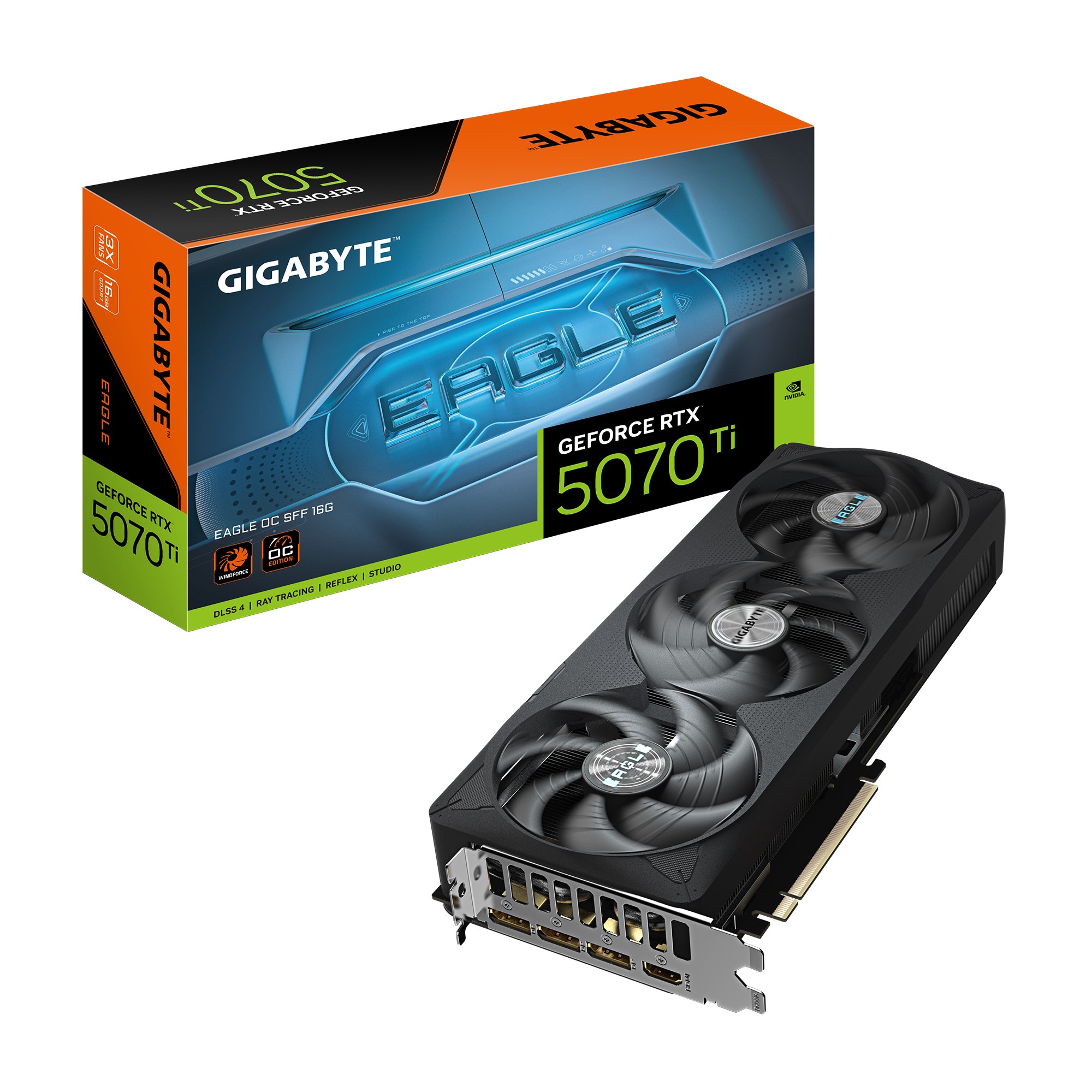 VCG-GV-N507TEAGLEOC-16GD Gigabyte GeForce RTX™ 5070 Ti EAGLE OC SFF 16G, 2542 MHz, CUDA 8960, 28 Gbps, GDDR7, 256 bit, PCI-E 5.0, PSU 750W, DisplayPort 2.1b x3 HDMI 2.1b x1