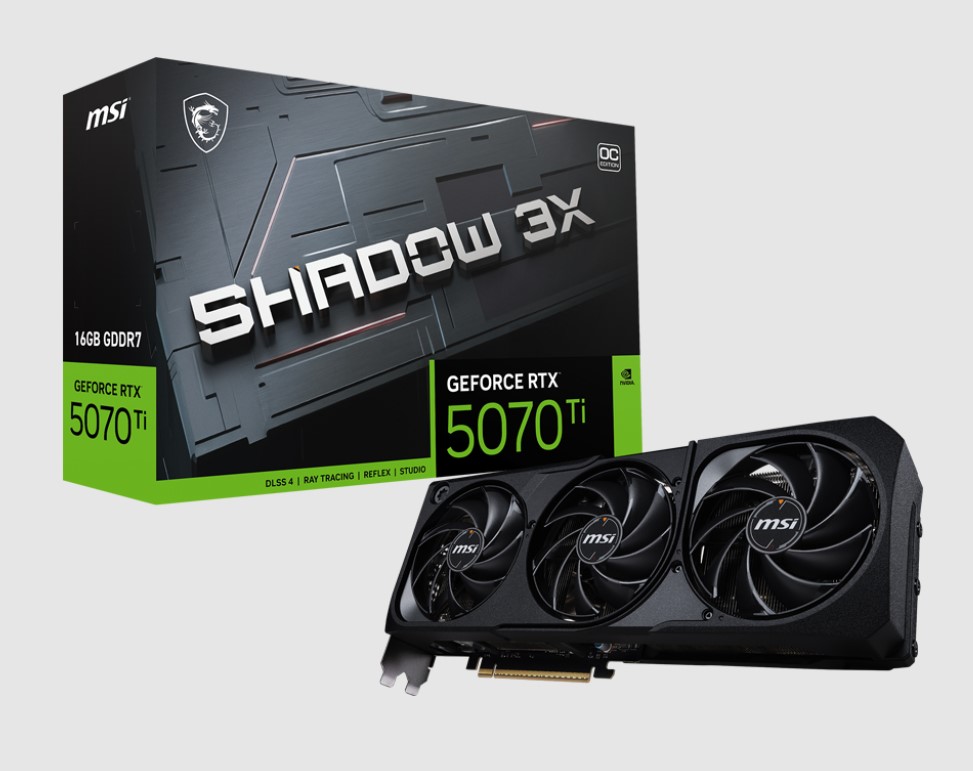 VCM-RTX5070TI16SHADOW3XOC MSI nVidia GeForce RTX™ 5070 Ti 16G SHADOW 3X OC, PCI Express® Gen 5, Boost: 2482 MHz, CUDA 8960 Units, 16GB GDDR7, HDMI™ x 1