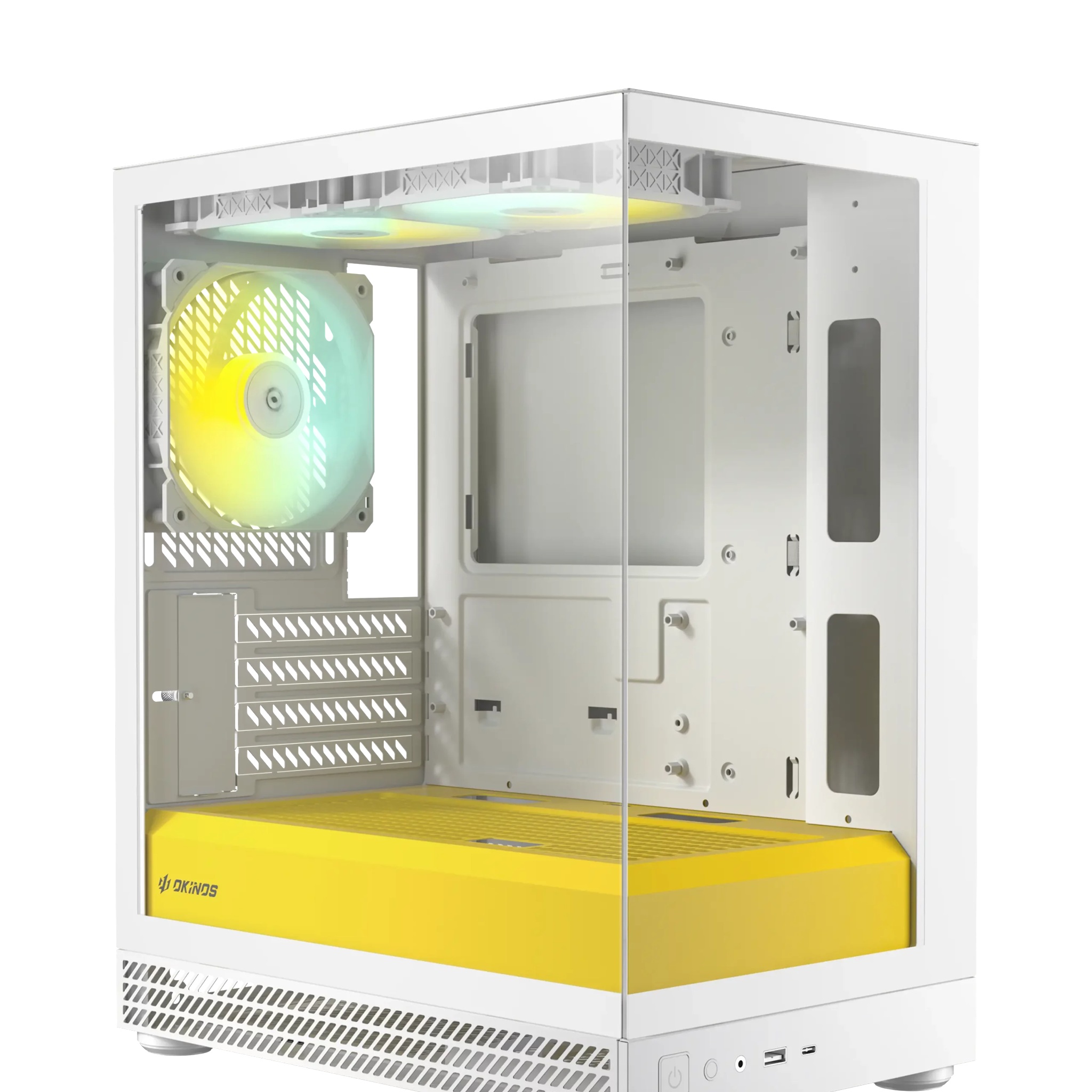 CAO-AQUA-UNO-YOLK OKINOS AQUA UNO YOLK, Mini Tower, Micro-ATX/ITX, tempered glass, 3×120mm ARGB fans, USB 3.0 + Type-C, ≤309mm GPU, ≤165mm CPU cooler, steel