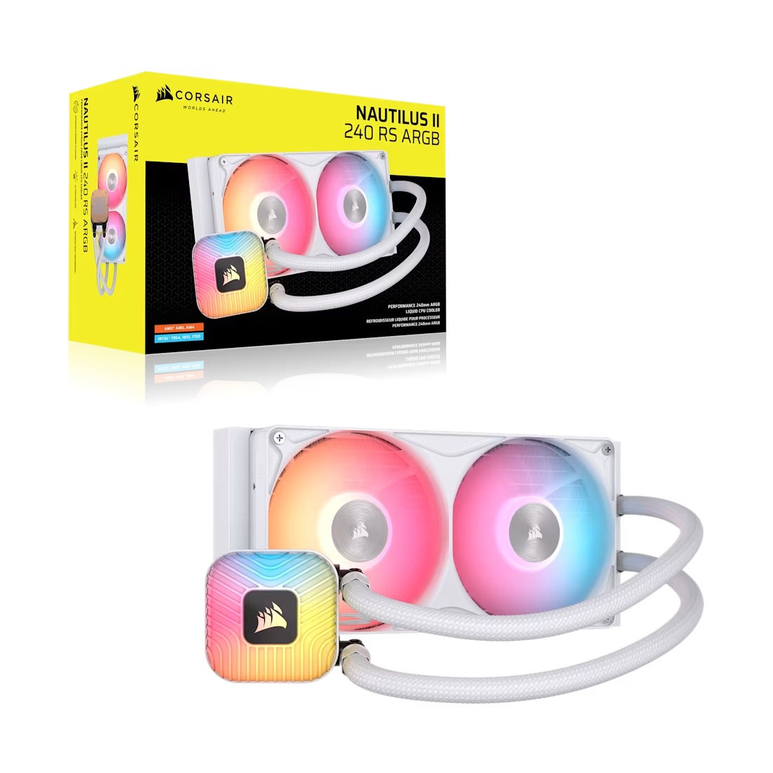 CFCW-NAUTII240RSARGB-WH Corsair NAUTILUS II 240 RS ARGB Liquid CPU Cooler – White, 240mm Radiator, FlowDrive 2S Pump, 24 RGB LEDs, PWM, Zero RPM Mode, 5Yr Wty
