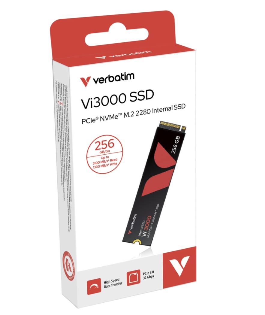 HBV-49373-256GB Verbatim Vi3000 256GB M.2 PCIe Gen 3 NVMe Internal SSD. Up to 3,100MB/s read and 1,300MB/s write. Up to 6x faster than a SATA SSD. Ideal for gaming.