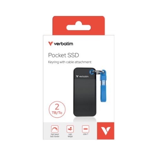 HXV-2TBBKBL Verbatim Pocket SSD USB 3.2 Gen 2 2TB Black/Blue, Convenient keyring and cable holder keeps your cable neat and tangle-free Verbatim Pocke