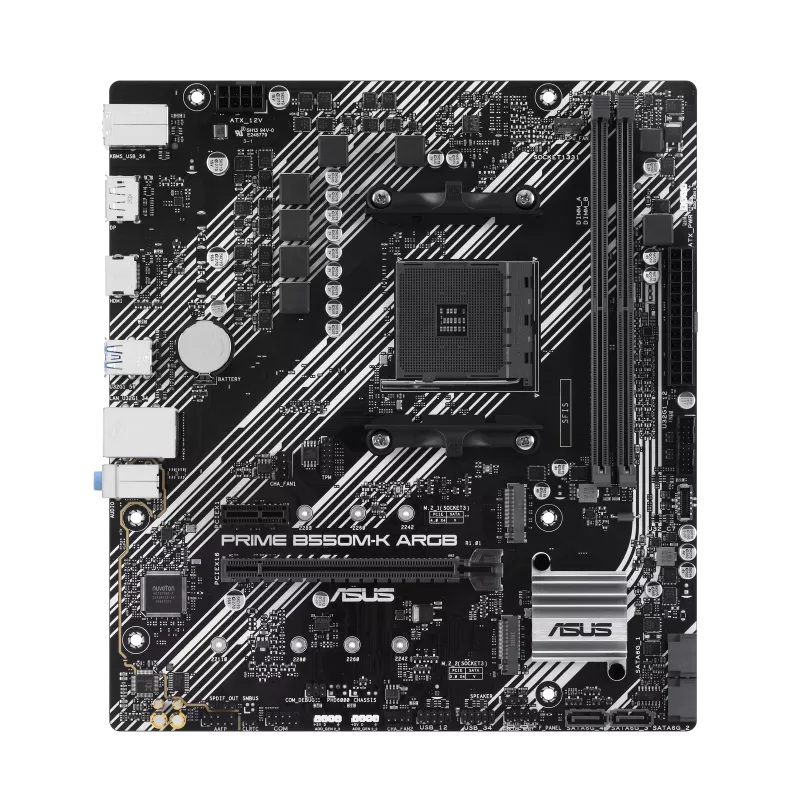 MBA-B550M-K-ARGB ASUS AMD PRIME B550M-K ARGB (Ryzen AM4) Micro-ATX Motherboard, DDR4 64GB, PCIe 4.0, 2× M.2, 1GbE, Aura Sync