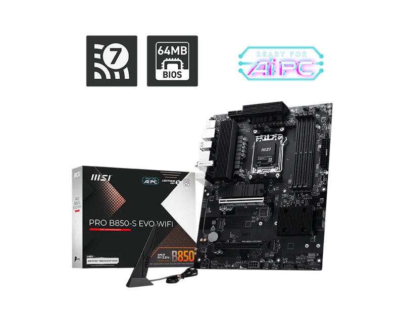 MBM-PROB850-S-EVOWIFI MSI PRO B850-S EVO WIFI, AMD B850, AM5, Ryzen 9000/8000/7000, 4xDDR5 256GB 8200+MT/s OC, PCIe 5.0 x16, 3xM.2, 5G LAN, Wi-Fi 7, 3yr wty