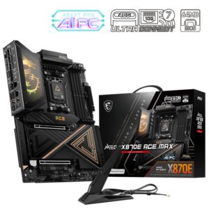 MSI X870E ACE MAX, AM5 X870E flagship, Ryzen 7000–9000, DDR5-8400+ OC, PCIe 5.0, dual M.2 Gen5, USB4, Wi-Fi 7, 10G+5G LAN, Audio Boost 5