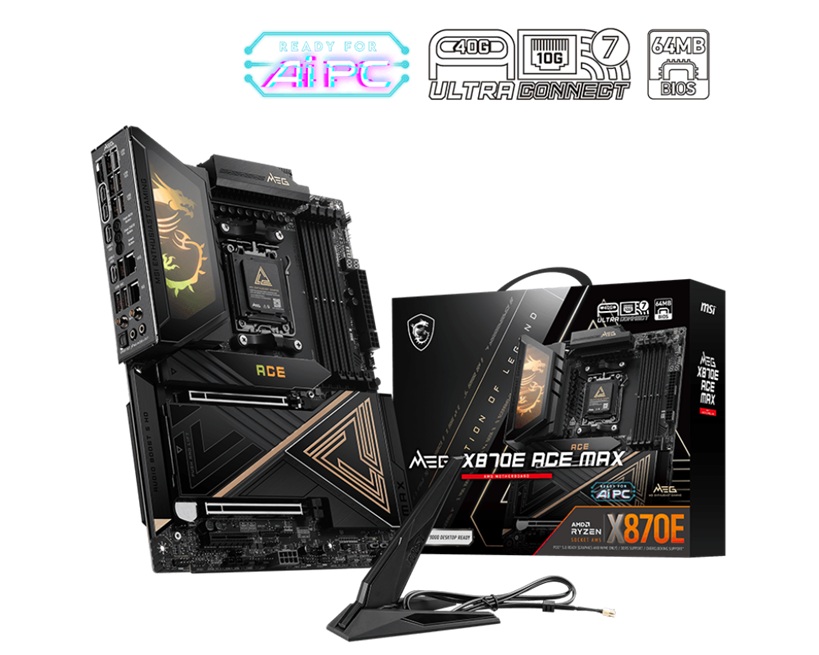 MBM-X870EACEMAX MSI X870E ACE MAX, AM5 X870E flagship, Ryzen 7000–9000, DDR5-8400+ OC, PCIe 5.0, dual M.2 Gen5, USB4, Wi-Fi 7, 10G+5G LAN, Audio Boost 5
