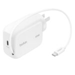 Belkin UltraCharge Retractable 45W USB-C GaN Wall Charger – White(WCH023auWH),1x USB-C, 1x Retractable USB-C Cable,$2500 CEW, 2 Years Warranty