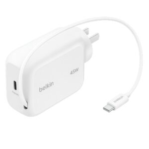 Belkin UltraCharge Retractable 45W USB-C GaN Wall Charger – White(WCH023auWH),1x USB-C, 1x Retractable USB-C Cable,$2500 CEW, 2 Years Warranty