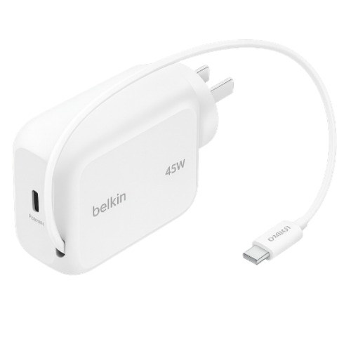 MPA-WCH023AUWH Belkin UltraCharge Retractable 45W USB-C GaN Wall Charger – White(WCH023auWH),1x USB-C, 1x Retractable USB-C Cable,$2500 CEW, 2 Years Warranty