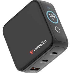 Verbatim Mini GaN Charger 100W with Display Compact 3-port wall charger with USB-C® Power Delivery and Quick Charge 3.0
