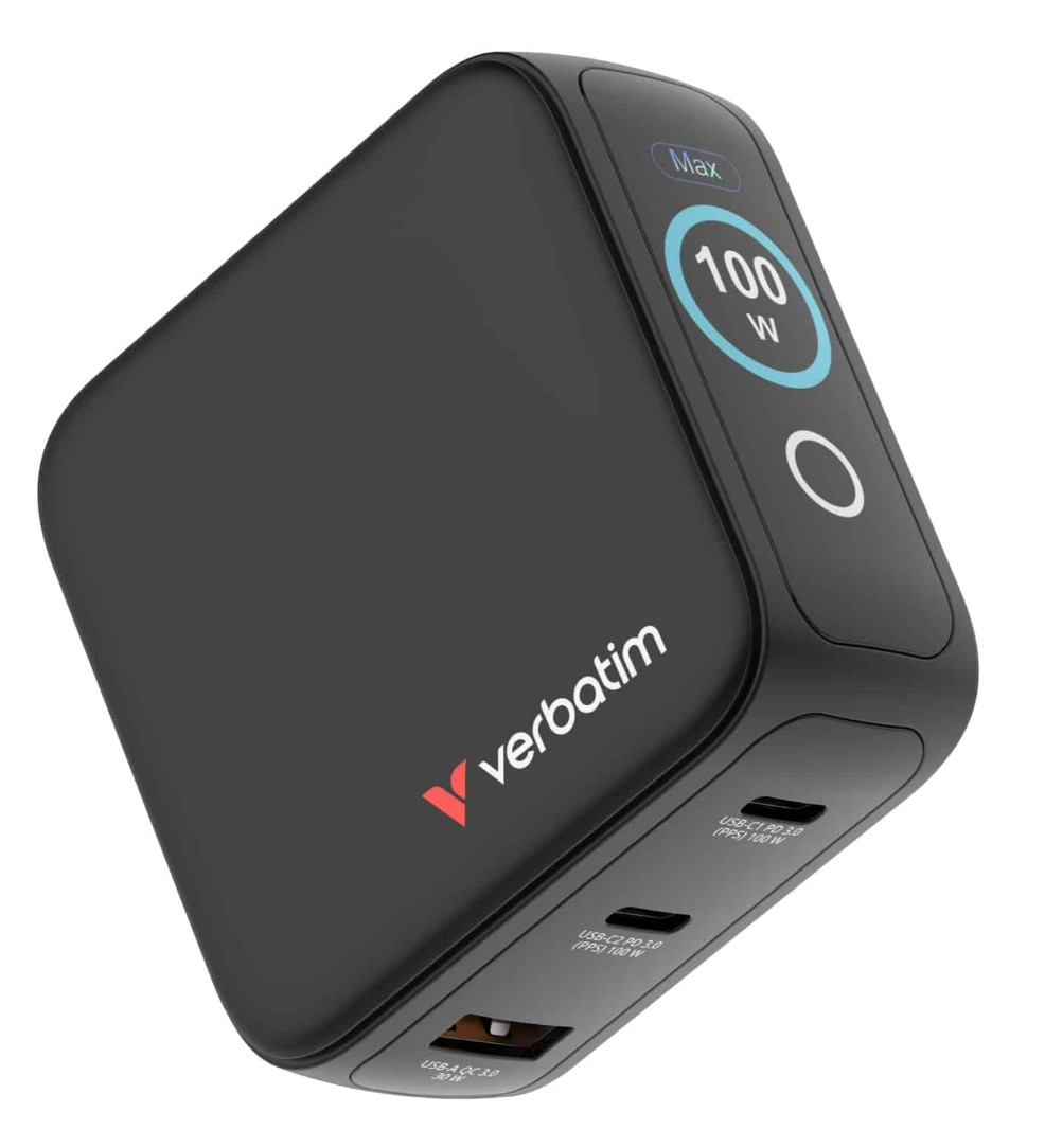 MPV-30242 Verbatim Mini GaN Charger 100W with Display Compact 3-port wall charger with USB-C® Power Delivery and Quick Charge 3.0