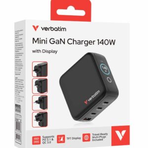 Verbatim Mini GaN Charger 140W with Display Premium 4-port GaN wall charger with three USB-C® and one USB-A port