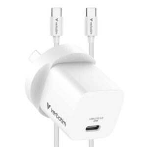 Verbatim Mini GaN 20W USB-C Charger, PD 3.0, PPS, QC 3.0, with 1m USB-C to USB-C Cable (60W, USB 2.0), AU Plug, White, OCP/OVP/SCP/OTP Protection