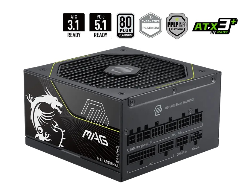PSM-MAGA1200PLSPCIE5 MSI MAG A1200PLS PCIE5, 1200W, 80 PLUS Platinum, Fully Modular, ATX, Native 12V-2×6 PCIe 5.1, 135mm FDB Fan, RTX 50 Series Ready