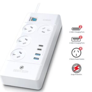 Astrotek Sansai 4 Way Powerboard 4 Outlet 2×USB-A 2×USB-C Charging Ports Ports 10A 240V Individually Switched 2 extra spaced sockets 1M Length