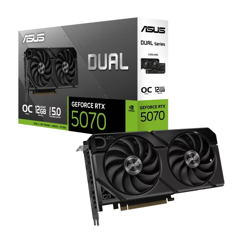 VCA-RTX5070-O12G-EVO-DU ASUS nVidia GeForce Dual RTX5070 OC 12G-EVO, GDDR7, 6144 CUDA, PCIe 5.0, 28Gbps, 192-bit, 2572MHz OC, 2.5-Slot, SFF Ready, 8K