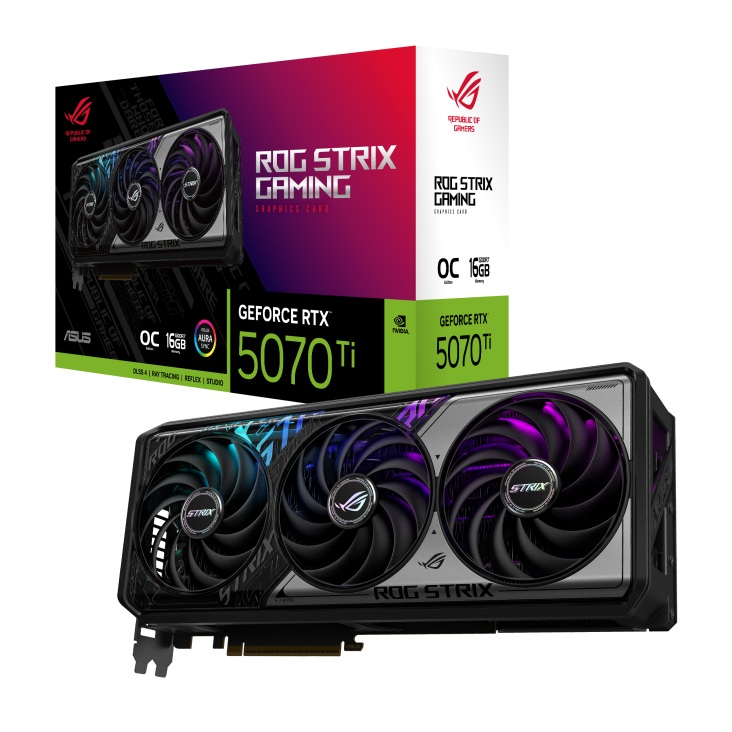 VCA-RTX5070TI-O16G-GSTR ASUS nVidia GeForce ROG STRIX RTX5070TI OC 16G GAMING, GDDR7, 8960 CUDA, 850W PSU, PCIe 5.0, 28Gbps, 256-bit, 2625MHz, 3x DP 2.1b.